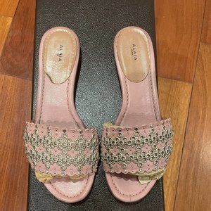 ALAIA Embellished Flat Leather Slide Sandals PINK SIZE 7